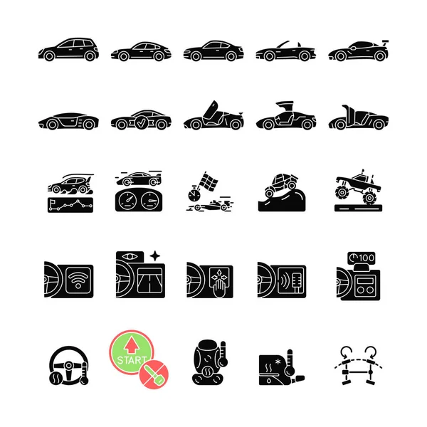 Автогоночные Черные Иконки Глифов Установленные Белом Пространстве Вождение Спортивных Машин — стоковый вектор