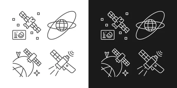 Satélites Iconos Lineales Espaciales Configurados Para Modo Oscuro Claro Ubicación — Vector de stock