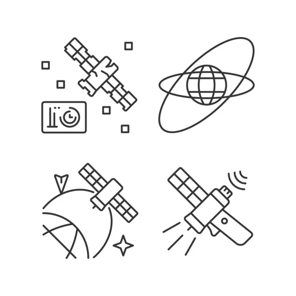 宇宙線アイコンセット内の衛星 科学探査機の位置 宇宙空間の位置 カスタマイズ可能な細い線の輪郭記号 絶縁ベクトルアウトラインイラスト 編集可能なストローク — ストックベクタ
