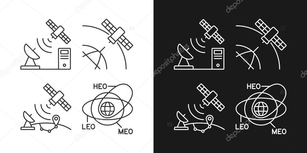 Satellite radionavigation linear icons set for dark and light mode. Transmission Control Protocol standarts. Customizable thin line symbols. Isolated vector outline illustrations. Editable stroke