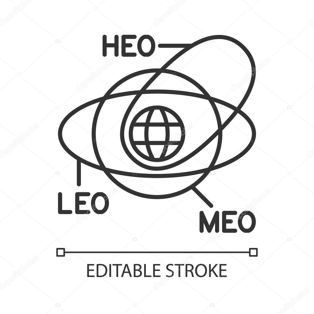 Geocentric Orbit type satellites linear icon. Rotation of celestial bodies in geostationary orbit. Thin line customizable illustration. Contour symbol. Vector isolated outline drawing. Editable stroke
