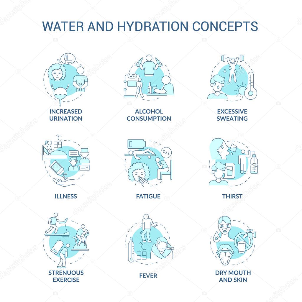 Water and hydration blue concept icons set. Dehydration symptoms. Additional liquid consumption. Water balance idea thin line color illustrations. Vector isolated outline drawings. Editable stroke