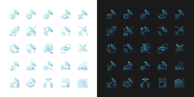 Karanlık ve aydınlık mod için ışık ve ışık kipi için ayarlanmış ikonlar. İnce çizgili sembol demetleri. Siyah ve beyaz üzerine izole vektör ana hatları koleksiyonu