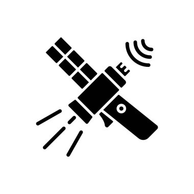 İletişim uydusu siyah sembol. Sinyal uydusu aktarılıyor. Küresel telekomünikasyon ağı bağlantısı. Beyaz uzayda siluet sembolü. Vektör izole illüstrasyonu