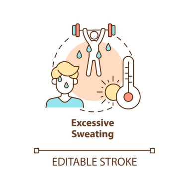 Aşırı terleme kavramı ikonu. Sıcak hava terlemeye ve sıcak çarpmasına yol açar. Egzersiz yapıyorum. Susuzluk soyut fikir ince çizgi çizimi. Vektör izole edilmiş dış hat renk çizimi. Düzenlenebilir vuruş