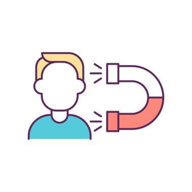 İnsan mıknatısı RGB renk simgesi. İnsanları cezbeden şeyler. Yeni şeyler elde etme arzusu. Yeni müşterileri cezbediyor. Aşırı harcamalar. İzole vektör çizimi. Basit doldurulmuş çizgi çizimi