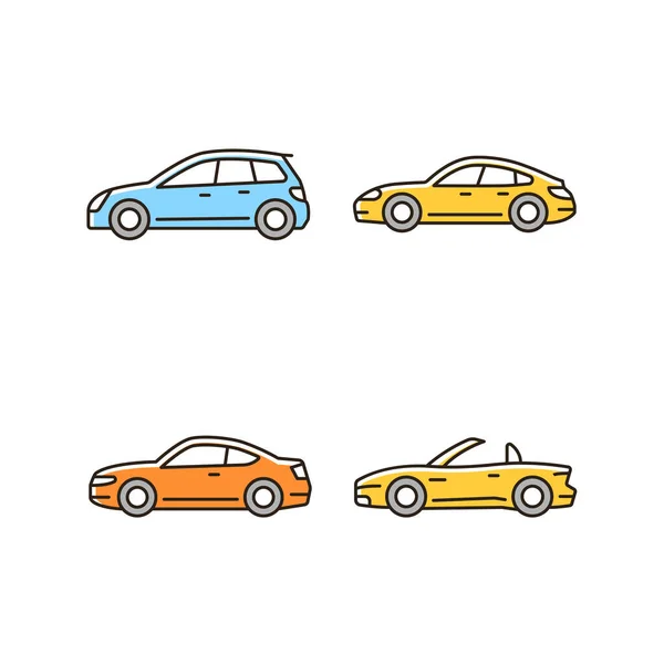 Mașini Sport Practice Set Pictograme Color Rgb Modelul Hatchback Sedan — Vector de stoc