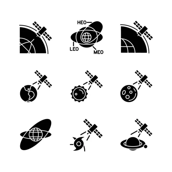 Супутники Функціонують Чорними Піктограмами Гліфів Встановленими Білому Просторі Супутникові Орбіти — стоковий вектор
