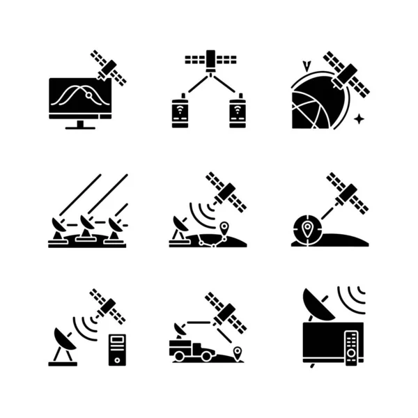 Satélites Artificiales Iconos Glifo Negro Establecidos Espacio Blanco Seguimiento Satelital — Archivo Imágenes Vectoriales