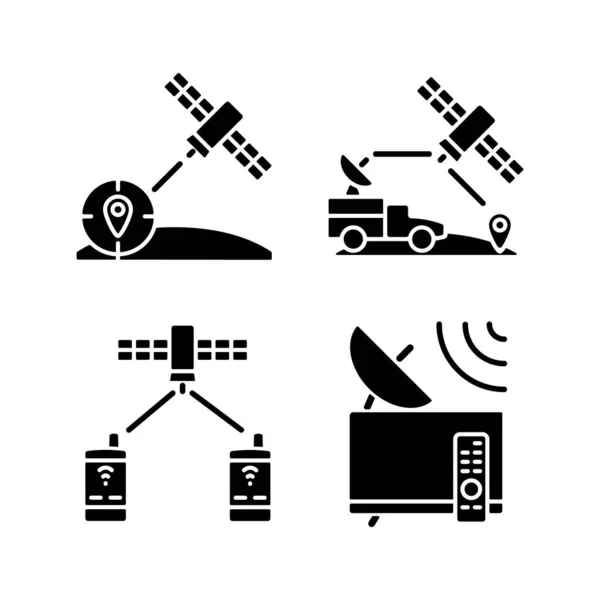 Communications Satellites Black Glyph Icons Set White Space Navigation Military — Stock Vector