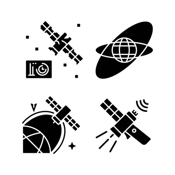 Satellites Dans Espace Icônes Glyphe Noir Mis Sur Espace Blanc — Image vectorielle