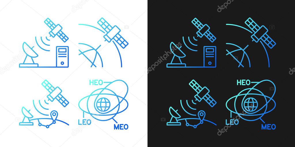 Satellite radionavigation gradient icons set for dark and light mode for dark and light mode. Thin line contour symbols bundle. Isolated vector outline illustrations collection on black and white