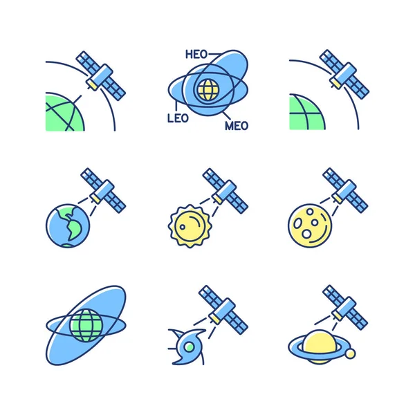 衛星は緑 青のRgb色のアイコンをセットする 衛星軌道 グローバル通信ネットワーク接続信号 孤立したベクトルイラスト シンプルなフルライン図面コレクション — ストックベクタ