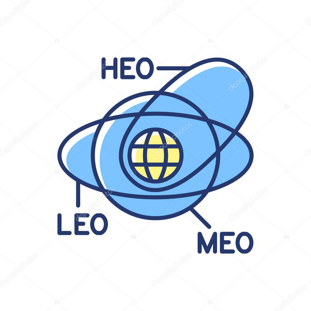 Geocentric Orbit type satellites blue RGB color icon. Rotation of celestial bodies in geostationary orbit. Thin line customizable illustration. Isolated vector illustration. Simple filled line drawing