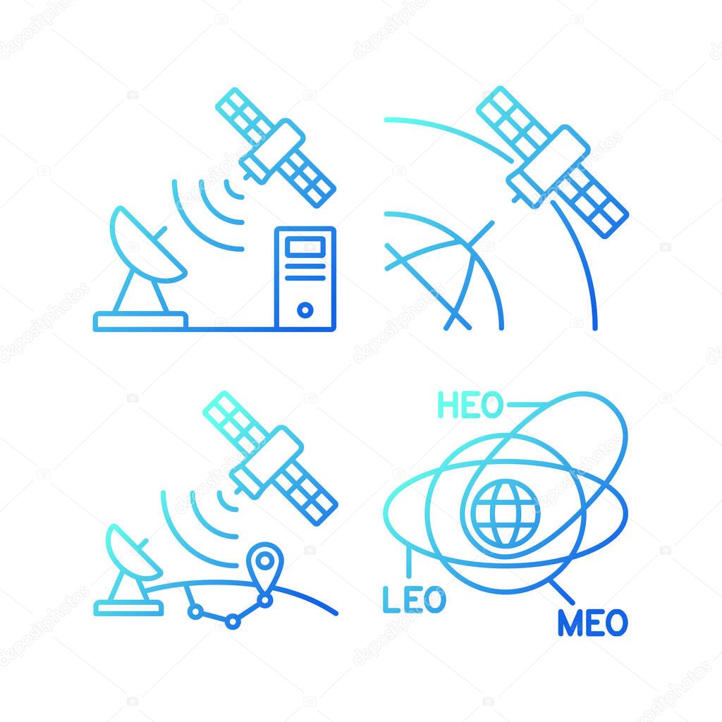 Satellite radionavigation gradient linear vector icons set. Transmission Control Protocol standarts. Satellite orbits. Thin line contour symbols bundle. Isolated outline illustrations collection