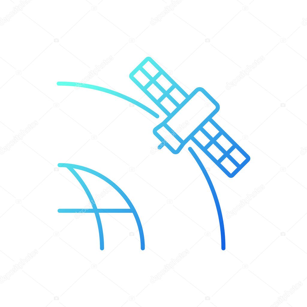 Geostationary Satellite gradient linear vector icon. Rotation of celestial bodies in geostationary orbit. Thin line color symbol. Modern style pictogram. Vector isolated outline drawing