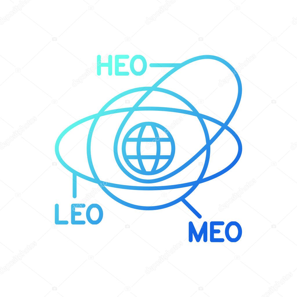 Geocentric Orbit type satellites gradient linear vector icon. Rotation of celestial bodies in geostationary orbit. Thin line color symbol. Modern style pictogram. Vector isolated outline drawing