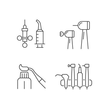 Ağız cerrahisi araçları doğrusal simgeler ayarlandı. Sulama şırıngası. Parlak dişler. Reçine dişçi malzemesi. Özelleştirilebilir ince çizgi şekilleri. İzole vektör çizimi çizimleri. Düzenlenebilir vuruş