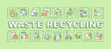 Geri dönüşüm kelimesi sancak kavramını boşa harcıyor. Çevresel koruma. Yeşil arkaplanda doğrusal simgeleri olan bilgi grafikleri. İzole edilmiş yaratıcı tipografi. Metin ile vektör ana hatları renk illüstrasyonu