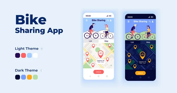 Bike Sharing App Cartoon Smartphone Interface Vector Templates Set Mobiele — Stockvector