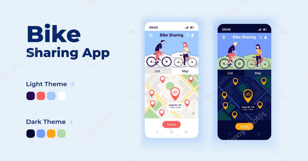 Bike sharing app cartoon smartphone interface vector templates set. Mobile app screen page day and dark mode design. Bicycle sharing platform UI for application. Phone display with flat character