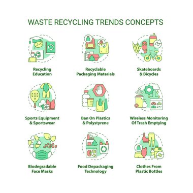 Atık geri dönüşüm trendleri konsept simgeleri belirlendi. Çevresel koruma. Çevre kirliliği fikrinin azaltılması ince çizgi renk çizelgeleri. Vektör izole çizimler. Düzenlenebilir vuruş