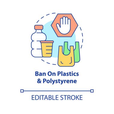 Plastik yasağı, polistiren konsept ikonu. Çevre koruma, doğa kirliliğinin azaltılması soyut fikirler ince çizgi çizimi. Vektör izole edilmiş dış hat renk çizimi. Düzenlenebilir vuruş