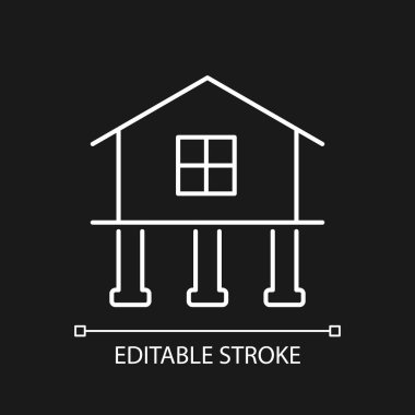 Karanlık tema için güç ve istikrar beyaz doğrusal simge. Bina inşaatı. Yığın vakfı. İnce çizgi özelleştirilebilir illüstrasyon. Gece modu için izole vektör kontur sembolü. Düzenlenebilir vuruş