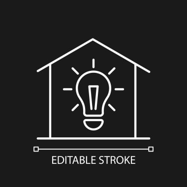 Karanlık tema için beyaz doğrusal simge ışıklandırılıyor. Minimum aydınlatma standartları. Elektrik şebekesi. İnce çizgi özelleştirilebilir illüstrasyon. Gece modu için izole vektör kontur sembolü. Düzenlenebilir vuruş