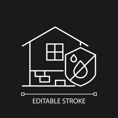 Karanlık tema için nemli beyaz doğrusal simgeye karşı direnç. Rutubetli yalıtım. Yağmurun içeri girmesini engelleyin. İnce çizgi özelleştirilebilir illüstrasyon. Gece modu için izole vektör kontur sembolü. Düzenlenebilir vuruş