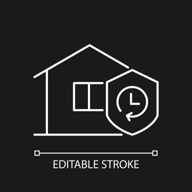 Koyu tema için dayanıklılık beyaz doğrusal simgesi. İnşaat malzemeleri güvenilirliği. Ev beklentisi. İnce çizgi özelleştirilebilir illüstrasyon. Gece modu için izole vektör kontur sembolü. Düzenlenebilir vuruş