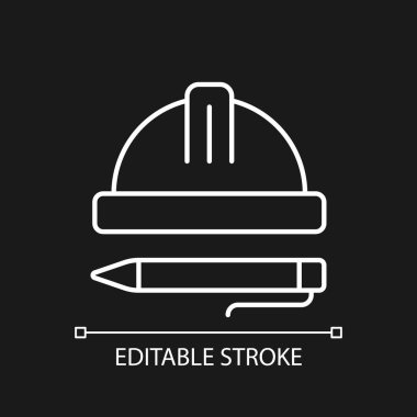 Koyu tema için beyaz doğrusal simgeyi incele. İnşaat müfettişi. Yeni inşaat değerlendirmesi. İnce çizgi özelleştirilebilir illüstrasyon. Gece modu için izole vektör kontur sembolü. Düzenlenebilir vuruş
