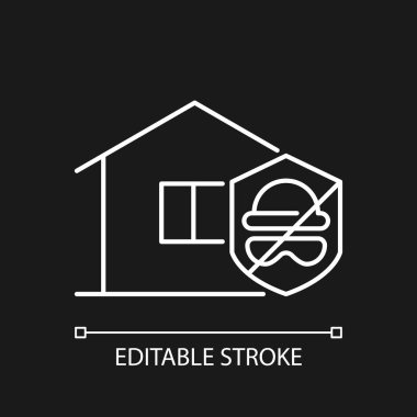 Karanlık tema için soygun beyaz doğrusal simgesine karşı güvenlik. Hırsız alarmı kurulumu. İnce çizgi özelleştirilebilir illüstrasyon. Gece modu için izole vektör kontur sembolü. Düzenlenebilir vuruş