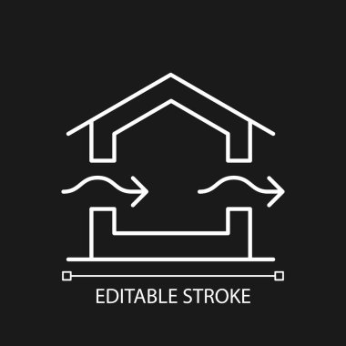 Karanlık tema için havalandırma sistemi beyaz doğrusal simgesi. Binada doğal havalandırma sağlanıyor. İnce çizgi özelleştirilebilir illüstrasyon. Gece modu için izole vektör kontur sembolü. Düzenlenebilir vuruş