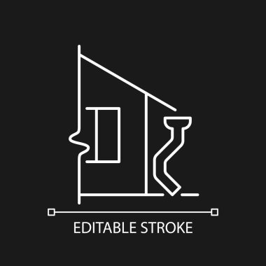 Çatı, koyu renk tema için beyaz doğrusal simgeyi kurutur. Suyu bina temellerinden uzak tutmak. İnce çizgi özelleştirilebilir illüstrasyon. Gece modu için izole vektör kontur sembolü. Düzenlenebilir vuruş