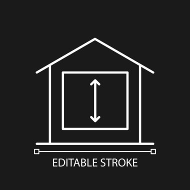 Koyu tema için en düşük tavan yüksekliği beyaz doğrusal simgedir. Yaşanabilir odalar için standartlar. İnce çizgi özelleştirilebilir illüstrasyon. Gece modu için izole vektör kontur sembolü. Düzenlenebilir vuruş