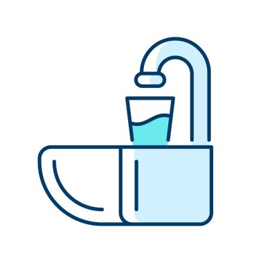 Diş tükürme kasesi RGB renk simgesi. Püskürtme için düdük. Dişçi aletleri. Sıvı tükürüyor, tükürük saçıyor. Hastalar için diş tükürük hokkası. İzole vektör çizimi. Basit doldurulmuş çizgi çizimi