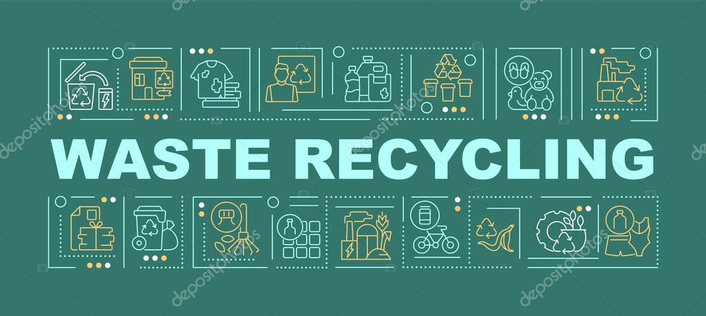 Garbage recycling word concepts banner. Environmental preservation. Infographics with linear icons on green background. Isolated creative typography. Vector outline color illustration with text
