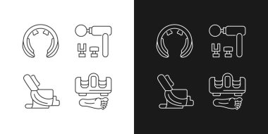 Karanlık ve aydınlık moduna ayarlanmış titreşimli masaj aletleri doğrusal simgeleri. Masaj koltuğu. Vücut bakımı ve dinlenme. Özelleştirilebilir ince çizgi sembolleri. İzole vektör çizimi çizimleri. Düzenlenebilir vuruş