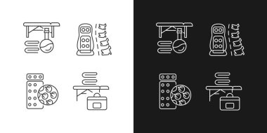 Sırt masajı ekipmanları doğrusal simgeleri karanlık ve aydınlık moduna ayarlandı. Taşınabilir masa. Basınç paspası, titreşimli ped. Özelleştirilebilir ince çizgi sembolleri. İzole vektör çizimi çizimleri. Düzenlenebilir vuruş