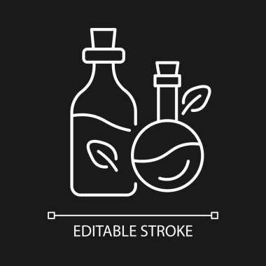 Koyu tema için masaj yağı beyaz doğrusal simgesi. Aromaterapi. Cilt bakımı. Güzellik tedavisi. İnce çizgi özelleştirilebilir illüstrasyon. Gece modu için izole vektör kontur sembolü. Düzenlenebilir vuruş