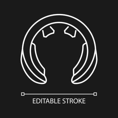 Boyun masajı aracı koyu renk tema için beyaz doğrusal simge. Boyun ve omuzları canlandırmak için bir cihaz. İnce çizgi özelleştirilebilir illüstrasyon. Gece modu için izole vektör kontur sembolü. Düzenlenebilir vuruş