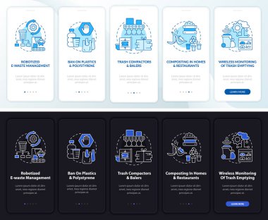Mobil uygulama sayfa ekranında geri dönüşüm trendleri. Atık endüstrisi, kavramlarla birlikte 5 aşamalı grafik talimatları gözden geçiriyor. UI, UX, GUI vektör şablonu doğrusal gece ve gündüz kip çizimleri