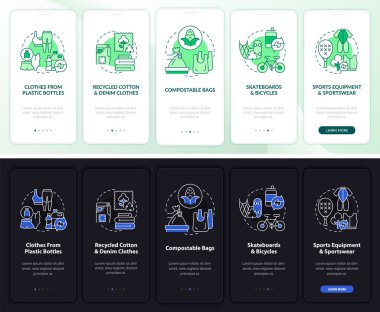 Mobil uygulama sayfa ekranında yükselme eğilimi. Çöp geri dönüşümü, kavramlarla birlikte 5 adım grafik talimatlar. UI, UX, GUI vektör şablonu doğrusal gece ve gündüz kip çizimleri