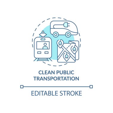 Temiz toplu taşıma konsepti ikonu. Hava kirliliğini azaltmak soyut fikir ince çizgi çizimi. Enerji korunumu. İklim değişikliğiyle mücadele edin. Vektör izole edilmiş dış hat renk çizimi. Düzenlenebilir vuruş