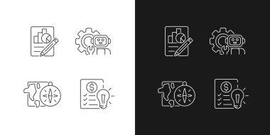 Okul konularının çeşitliliği karanlık ve aydınlık moduna ayarlı doğrusal simgeler. Finansal okuryazarlık eğitimi. Özelleştirilebilir ince çizgi sembolleri. İzole vektör çizimi çizimleri. Düzenlenebilir vuruş