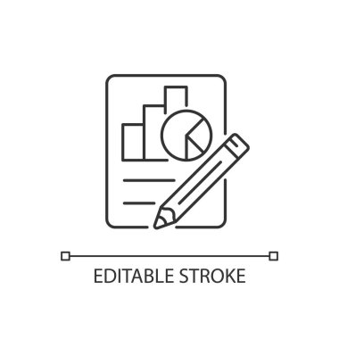 Ekonomi doğrusal simgesi. Grafikler, şemalar, kalem. Plan, hazırlık raporu. Ekonomi dersleri. İnce çizgi özelleştirilebilir illüstrasyon. Contour sembolü. Vektör izole çizim. Düzenlenebilir vuruş