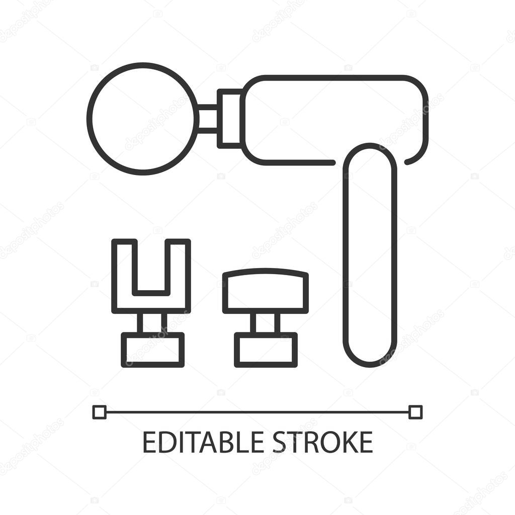 Percussive massage tool linear icon. Massage gun. Muscle relaxation. Percussion device. Thin line customizable illustration. Contour symbol. Vector isolated outline drawing. Editable stroke