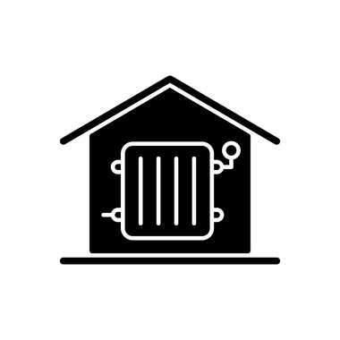 Isıtmalı siyah kabartma simgesi gerekti. Odalara sıcak hava veriyorum. Yaşanabilir alanlarda ısı kaynağı. Isıtma sistemleri inşa ediliyor. Beyaz uzayda siluet sembolü. Vektör izole illüstrasyonu