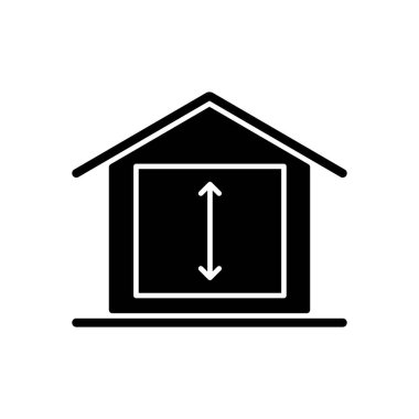 Asgari tavan yüksekliği siyah kabartma simgesi. Yaşanabilir odalar için standartlar. Yerleşim yeri. Asgari yükseklik gereksinimi. Beyaz uzayda siluet sembolü. Vektör izole illüstrasyonu